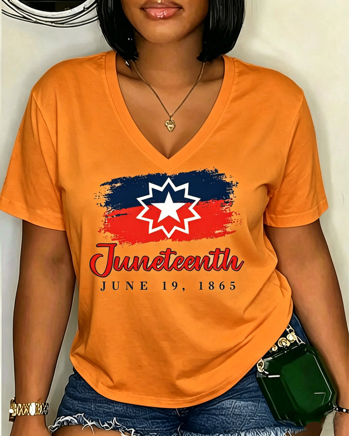 100% Cotton JUNETEENTH 1865 Official Flag V Neck Short Sleeve Tshirt