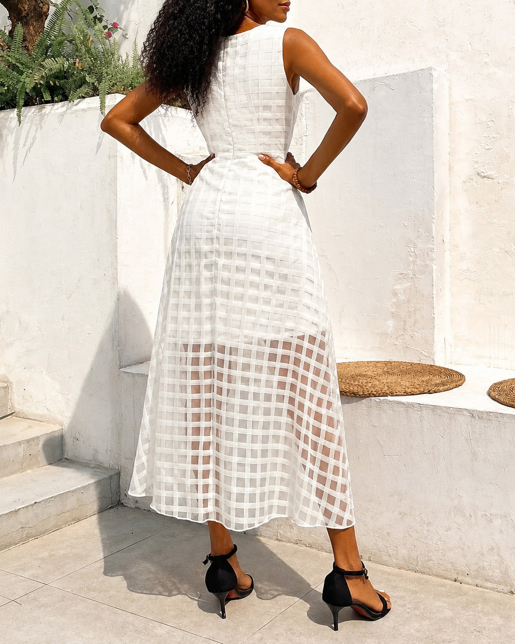 White Mesh Jacquard Plaid See-Through High-Waist  Long Dress