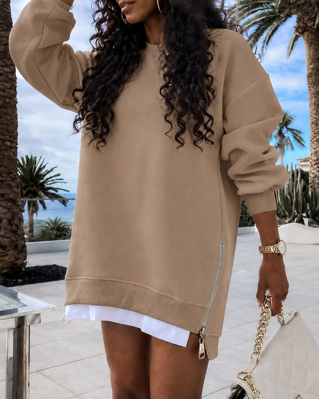 Women's Oversized Crew Neck  Side Zipper Split Hem Tunic Sweatshirt