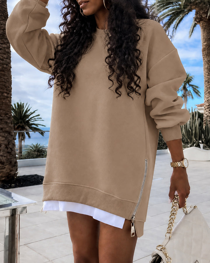 Women's Oversized Crew Neck  Side Zipper Split Hem Tunic Sweatshirt