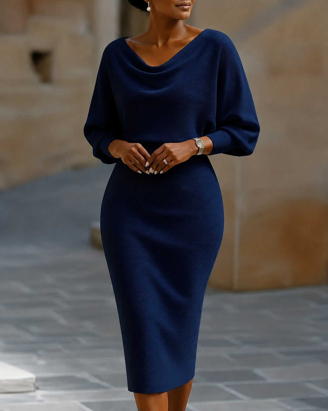 Round Neck Batwing Long Sleeve Ribbed Bodycon Dress