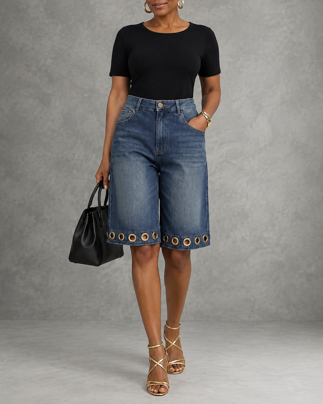 High Waisted Wide Leg Buttoned Hollow Pockets Split-Joint Jean Pants Bottoms Shorts Bottoms