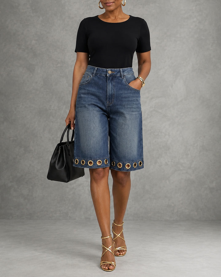 High Waisted Wide Leg Buttoned Hollow Pockets Split-Joint Jean Pants Bottoms Shorts Bottoms