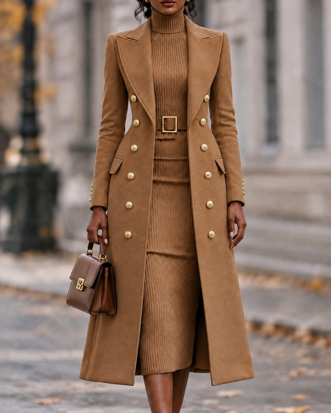 Women's Two-piece Set Double Breasted Wool Blend Maxi Coat+High-neck Knit Dress