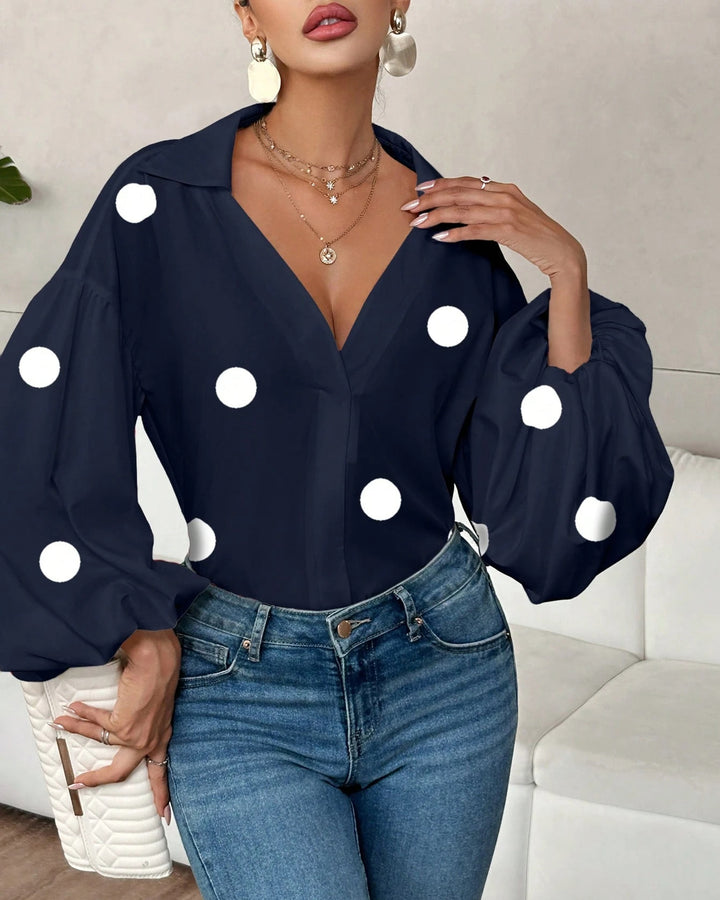 Collared V‑Neck Balloon Long Sleeve Blouse