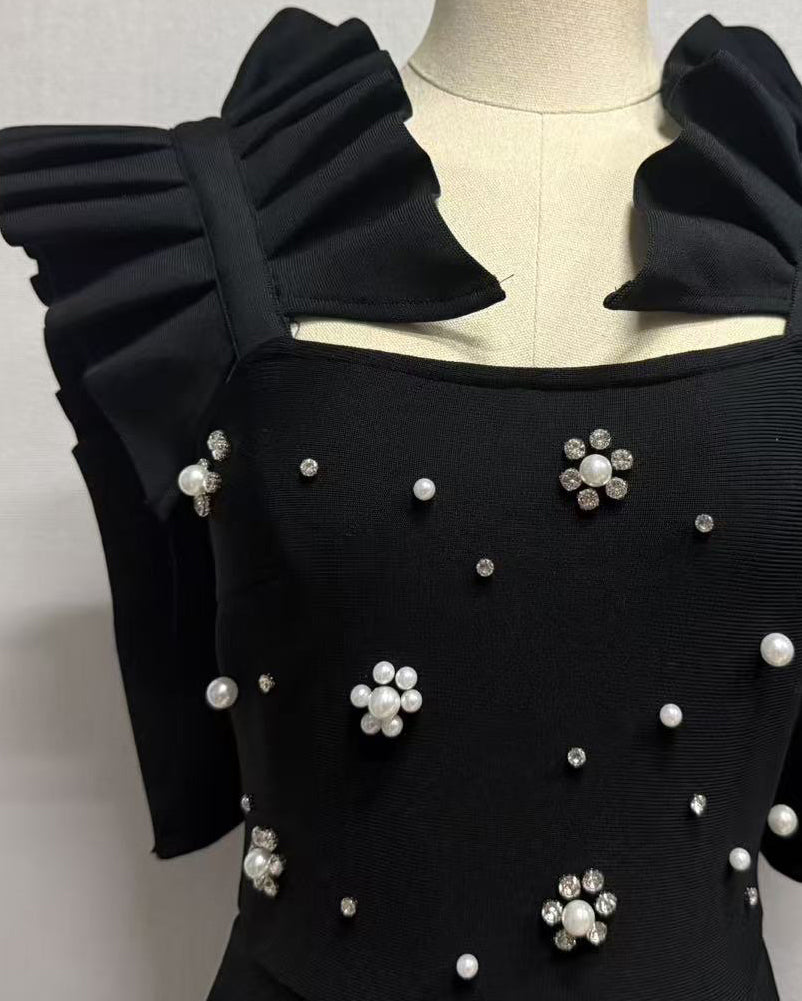 Off‑Shoulder Pleated Ruffle Sleeve Black Rhinestone Mermaid Maxi Gown