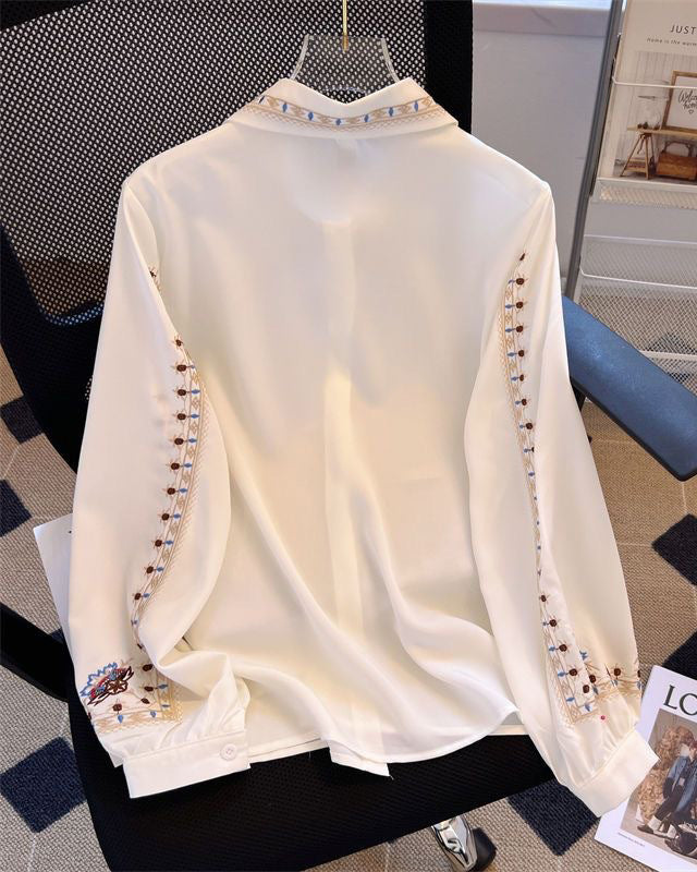 Bohemian Embroidered Collared Long Sleeve Shirt