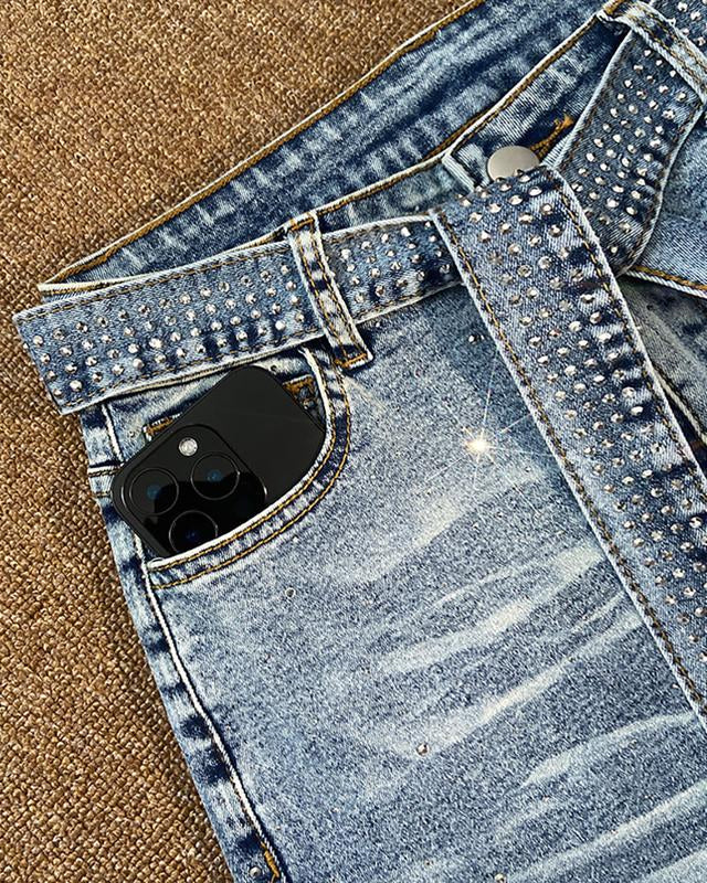 Women's Allover Rhinestone Decor High-Waist Zipper-Fly Wide-Leg Loose-Fit Denim Jeans