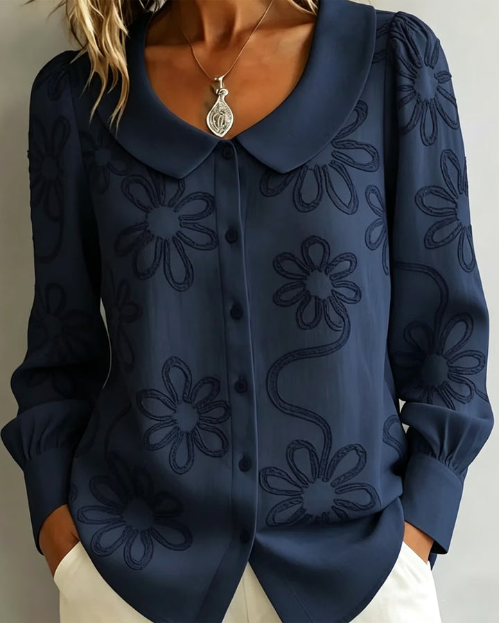 Peter Pan Collar Long Sleeve Embroidered Button Down Shirt