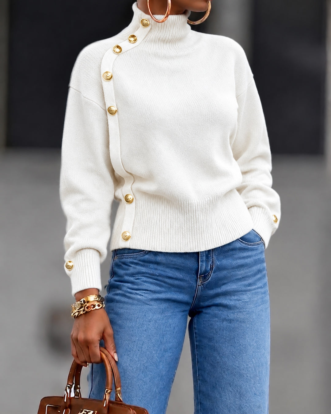 Women's Turtleneck Long Sleeve Asymmetrical Gold Button Knit Sweater