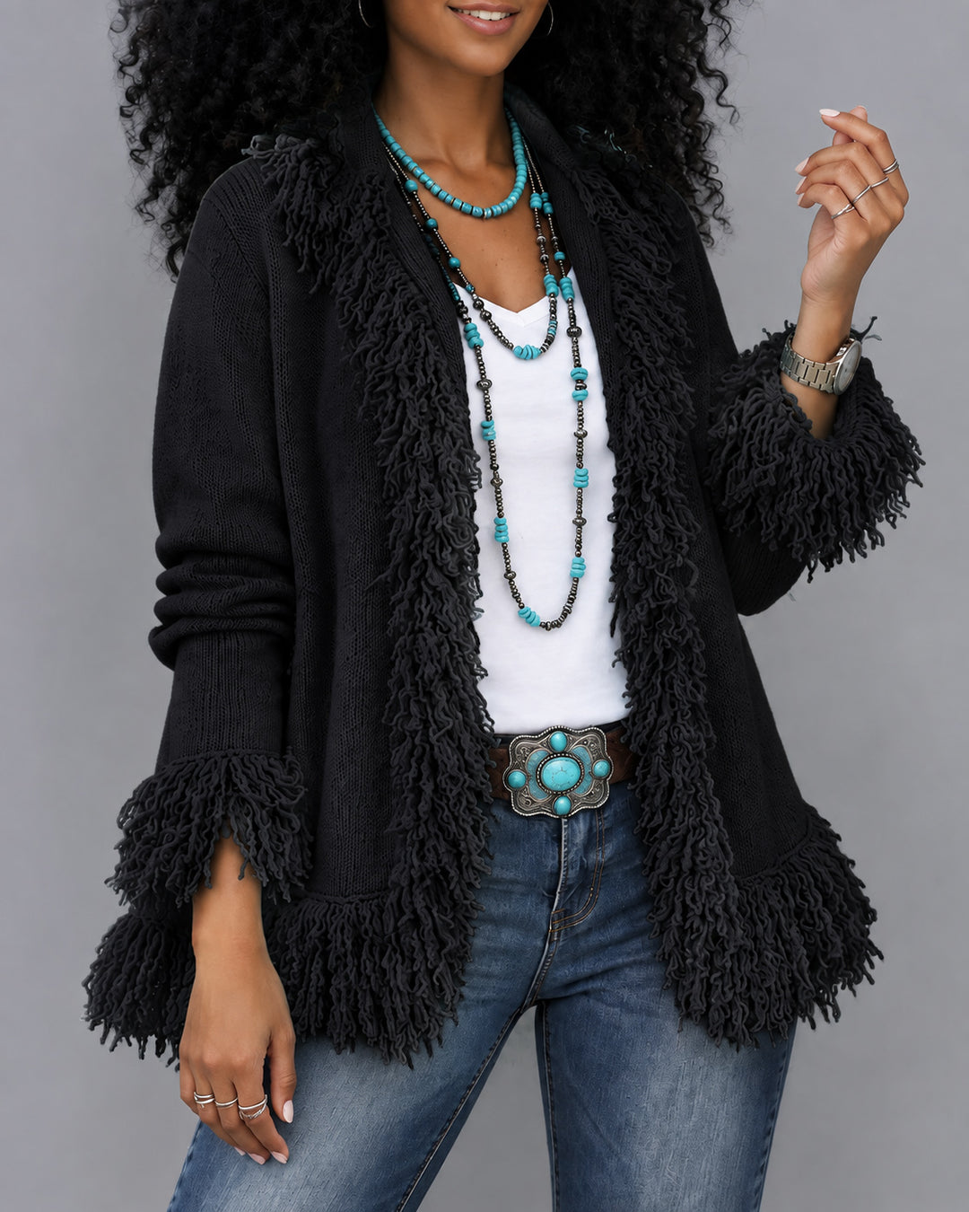 Women's Fringe Open Front Loose Shaggy Tassel Trim Knit Cardigan