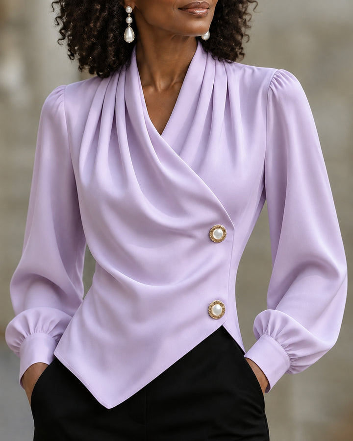 Women's Elegant Satin Draped Wrap V Neck Puff Long Sleeve Blouse