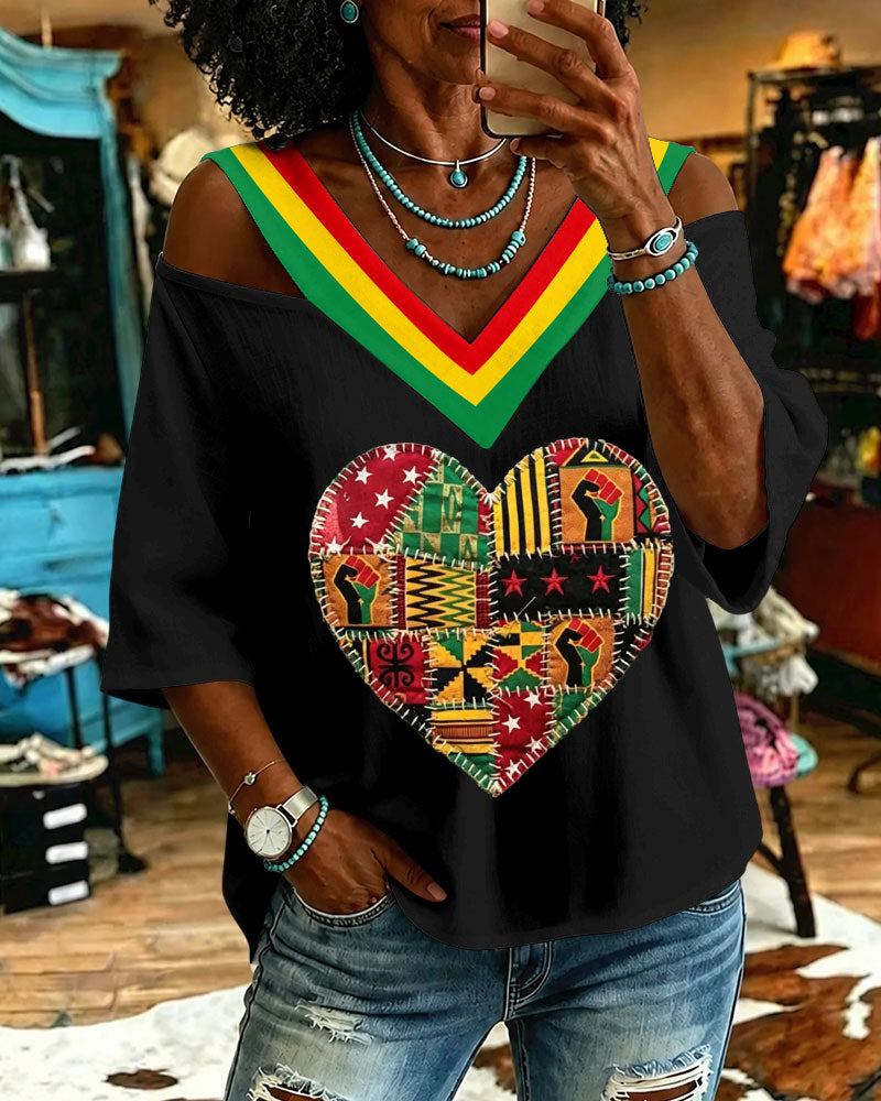 Black Lives Matter Heart Patch Off-shoulder Patchwork Casual Shirt
