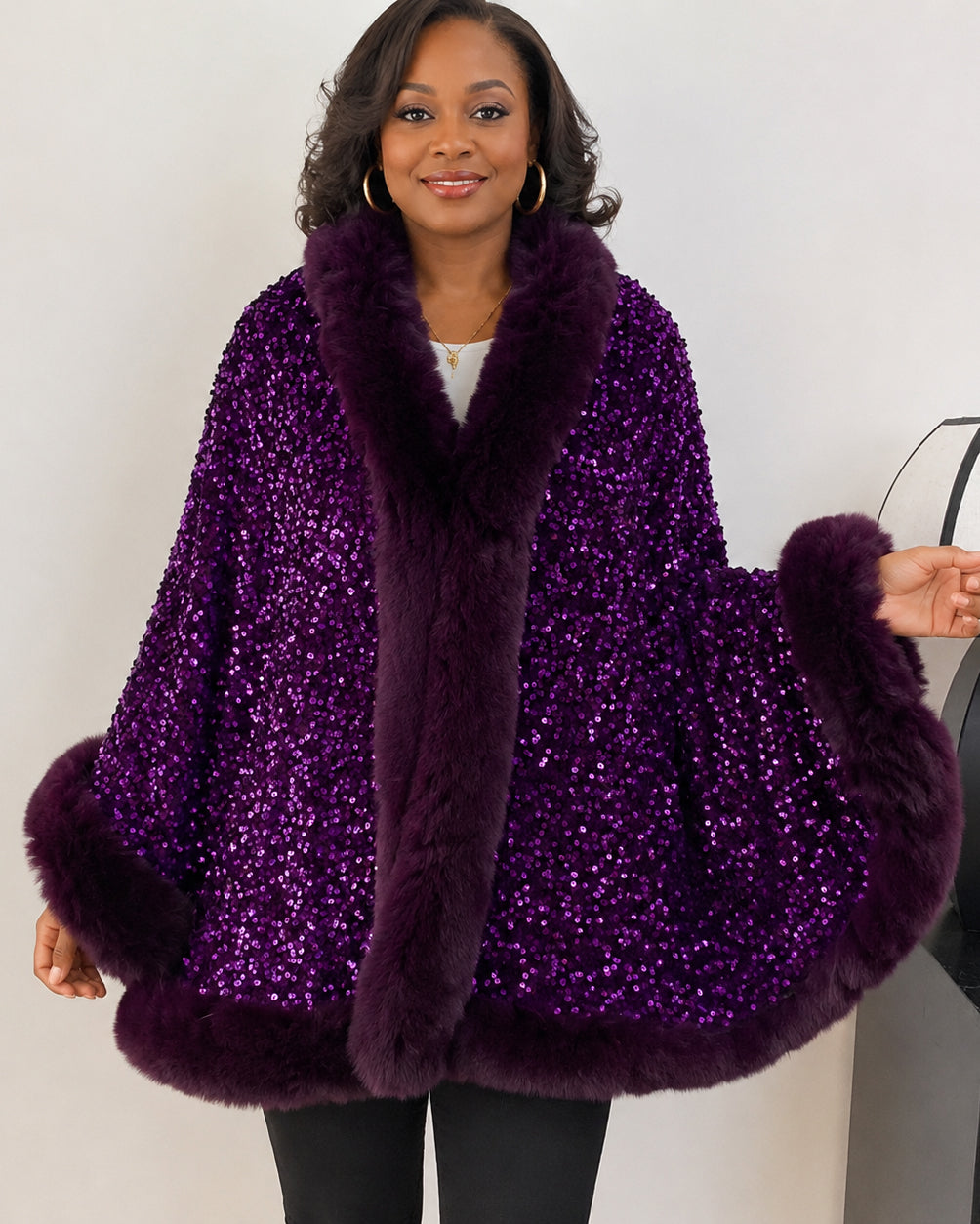 Sequined Fur-trimmed Cape-style Shawl Coat