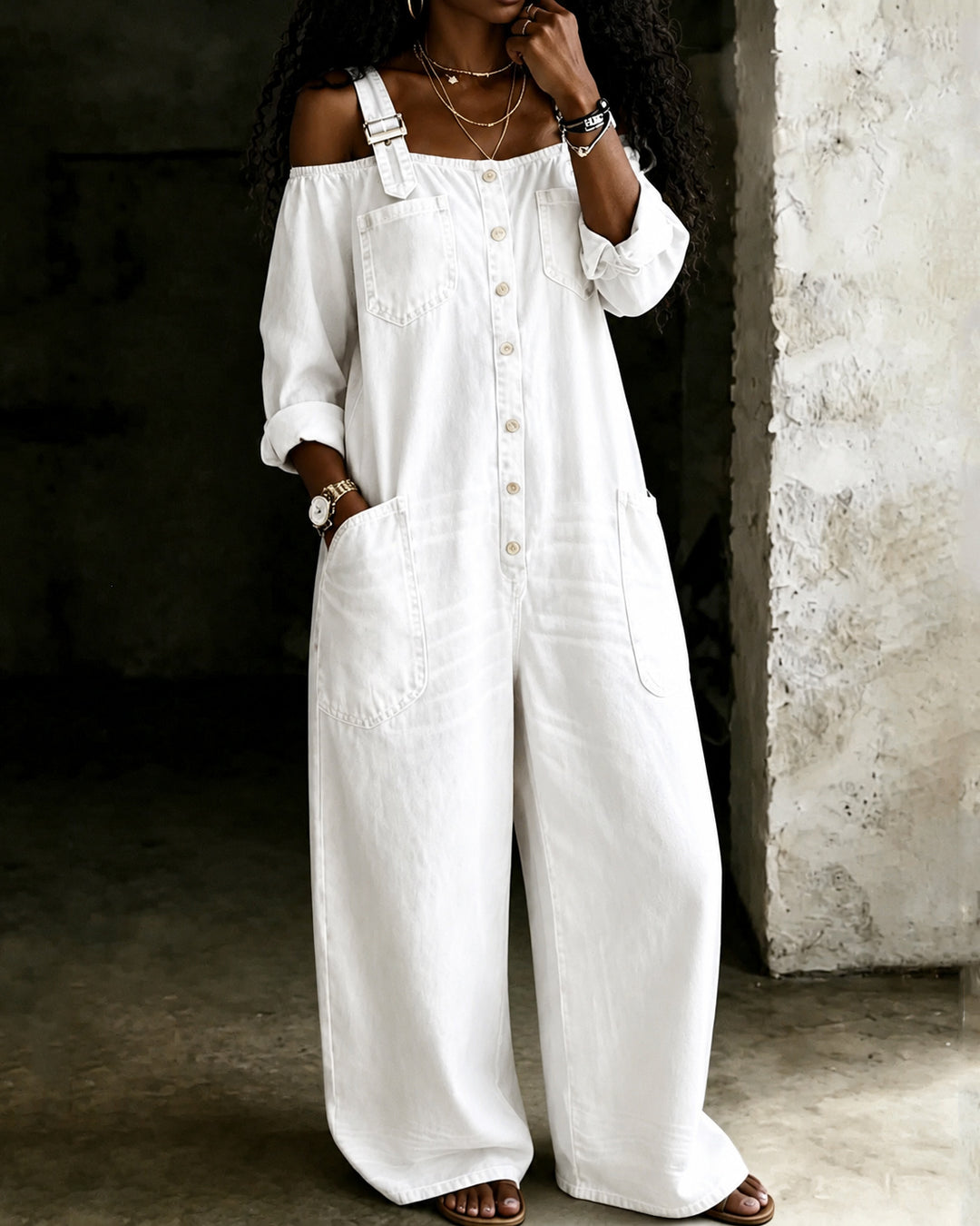 100% Washed Denim Single-breasted Off-shoulder Overall