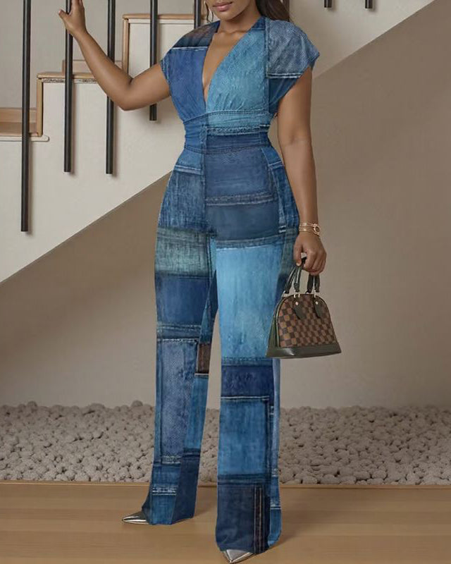 2D Flat Pattern Digital Printing V-Neck Waist Straight Jumpsuit