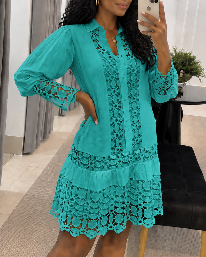 Women's Lace Patchwork Puff Long Sleeve Shirt Dress