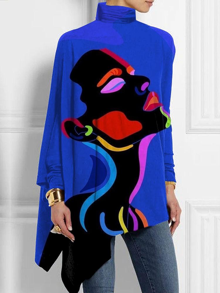 Black contrasting face personalized print women's irregular long-sleeved top