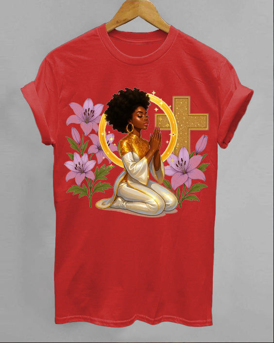 Faith Praying Woman Crew Neck Short Sleeve Cotton T-Shirt