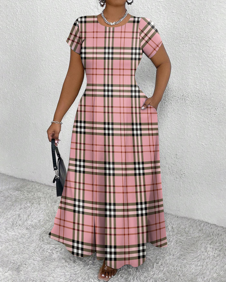 Pink Plaid Print Round Neck Short Sleeve Maxi Dress