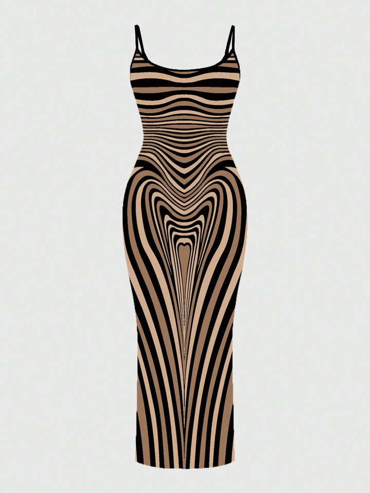 Sexy Color-blocked Wavy Stripes Print Spaghetti Strap Bodycon Maxi Dress