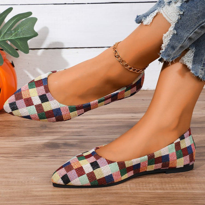 Pointed Toe Flat-soled Shallow-cut Plaid Shoes