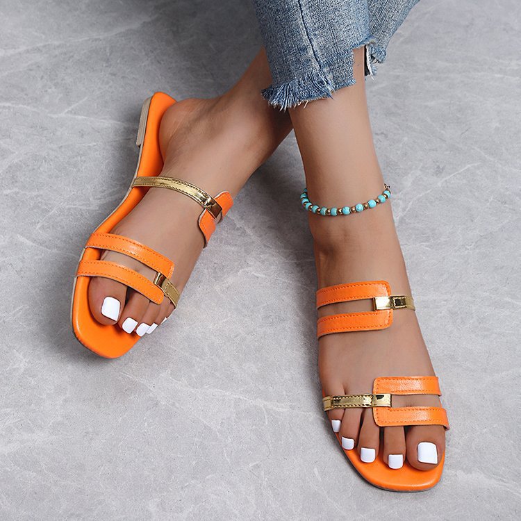 Square-toe Color-Blocked Flat Slippers