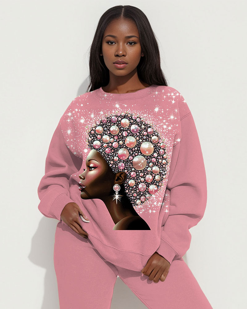 Pearl Brown Girl Print Long Sleeve Sweatshirt Two Pieces Set