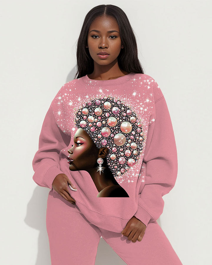 Pearl Brown Girl Print Long Sleeve Sweatshirt Two Pieces Set