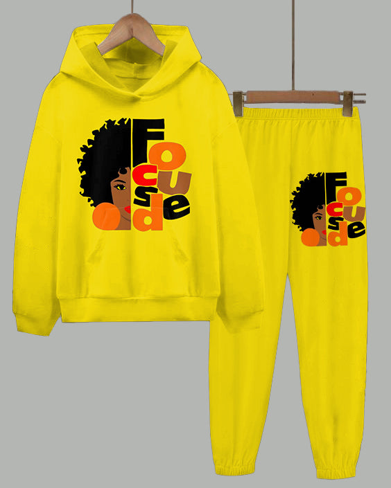 Focused Black Woman Print Long Sleeve Hoodie Two Pieces Set