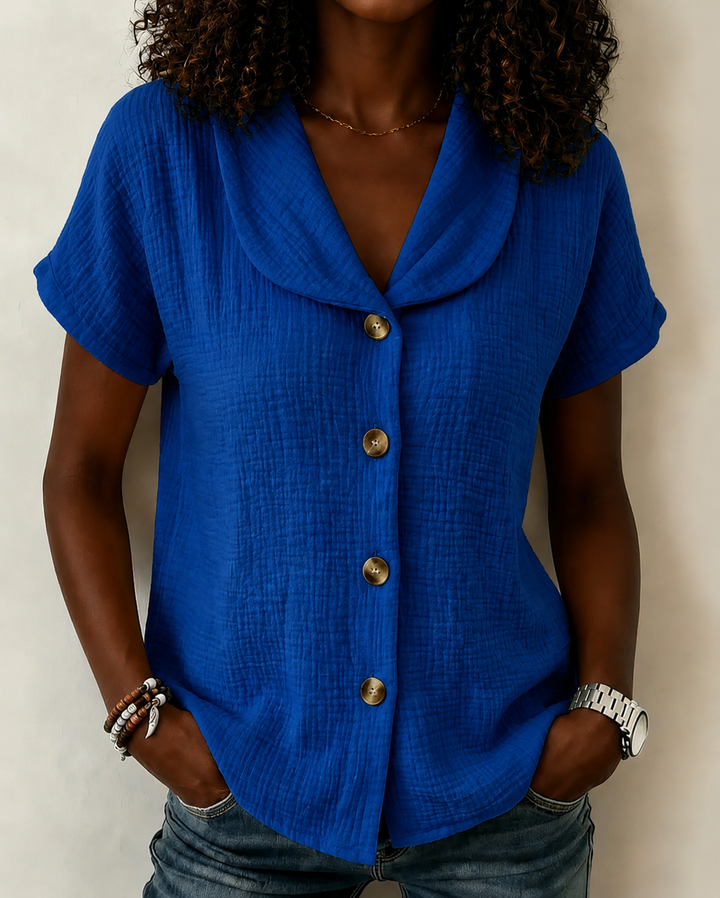 Simple Doll Collar Button Down Short Sleeve Cotton Linen Shirt