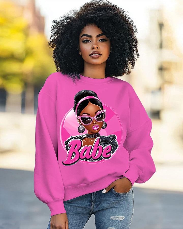 Fashion Doll Print Round Neck Long Sleeve Casual Sweatshirt