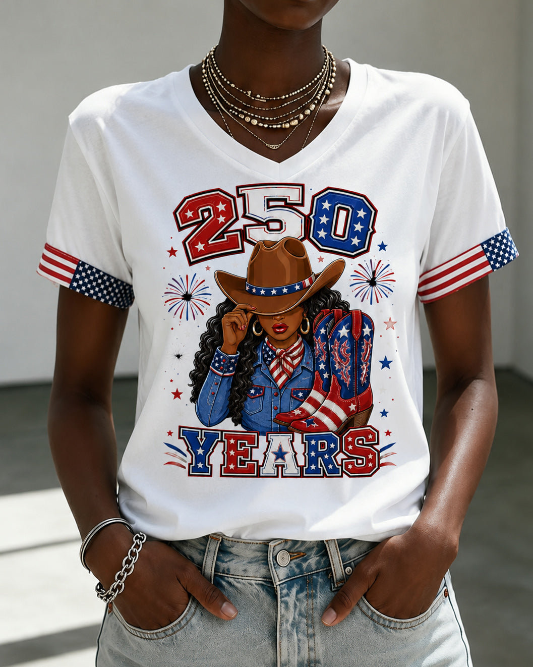 4th of July Black Cowgirl Print with National Flag Print V-neck Short Sleeve Tshirt