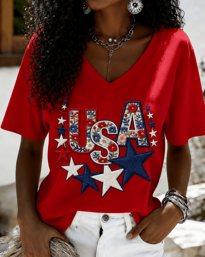 100% Cotton 4th of July V Neck Short Sleeve Tshirt