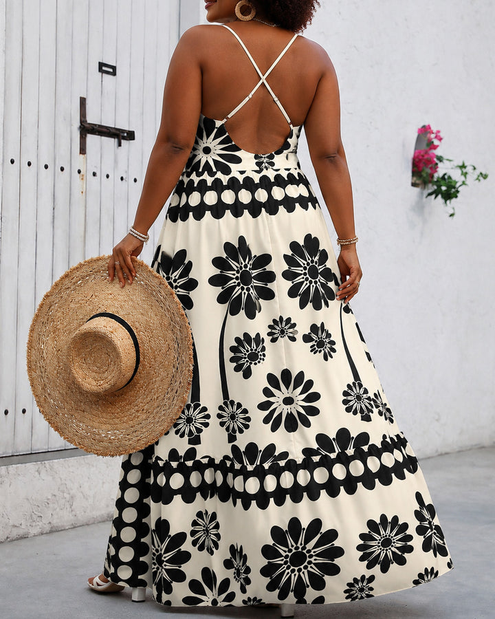 Bohemian Flowers Vacation Casual Criss-Cross Backless Maxi Dress