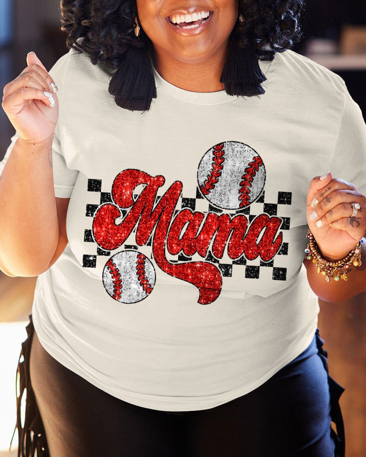 100% Cotton Women's Crewneck Baseball Mama Glitter Short Sleeve Tshirt-Gift for Mom, Mother's Day Gift