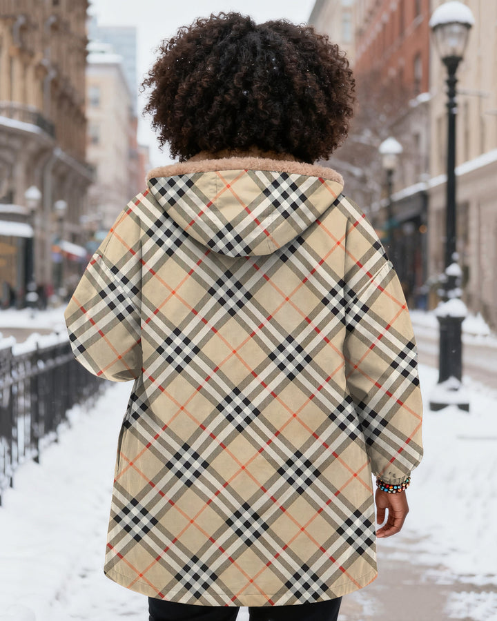 Simple Plaid Stripes Long Sleeve Zip-Up Fleece Long Hoodies