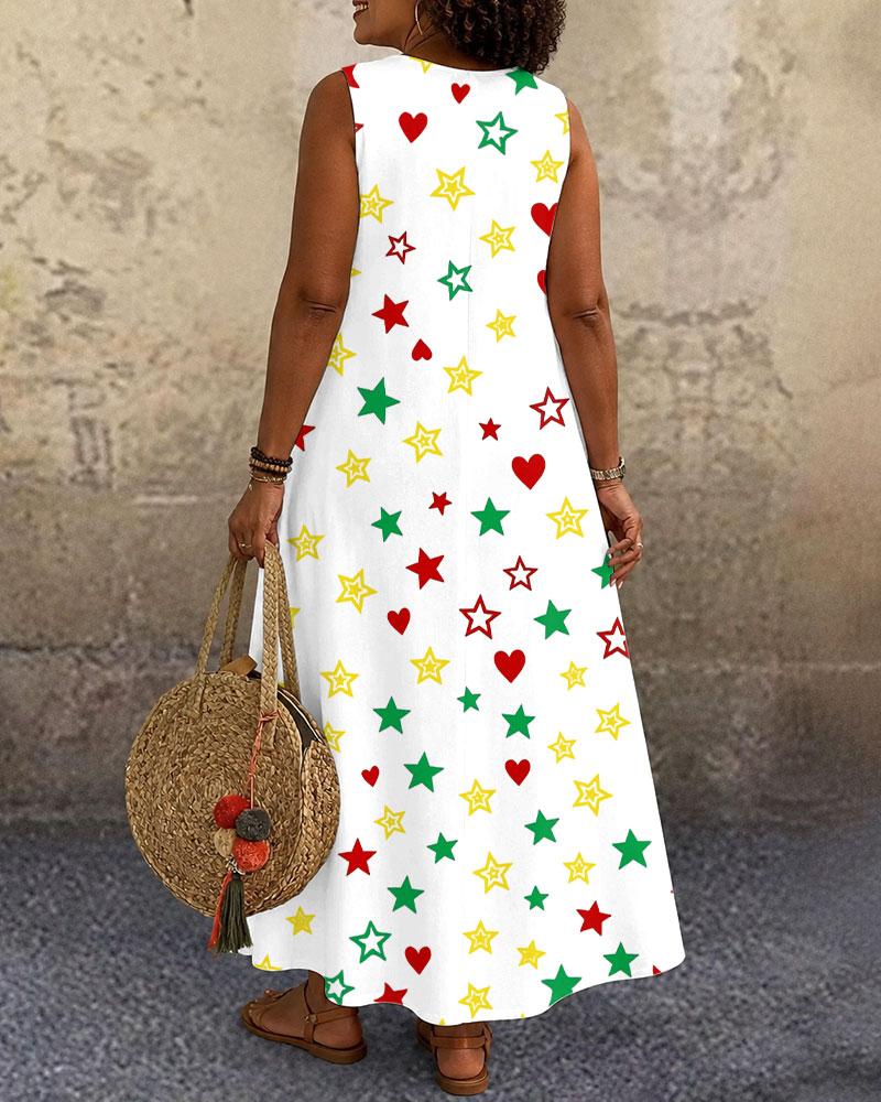 Reggae-colored Little Stars and Hearts Round Neck Pocket Casual Dress