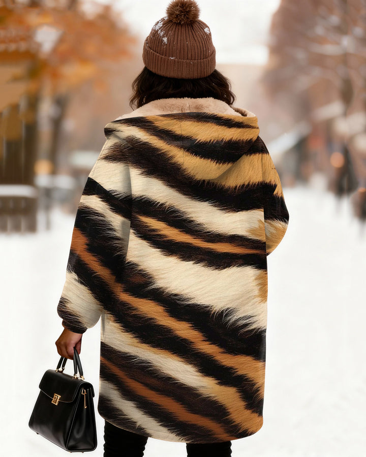 Tiger Print Long Sleeve Zip-Up Fleece Long Hoodies
