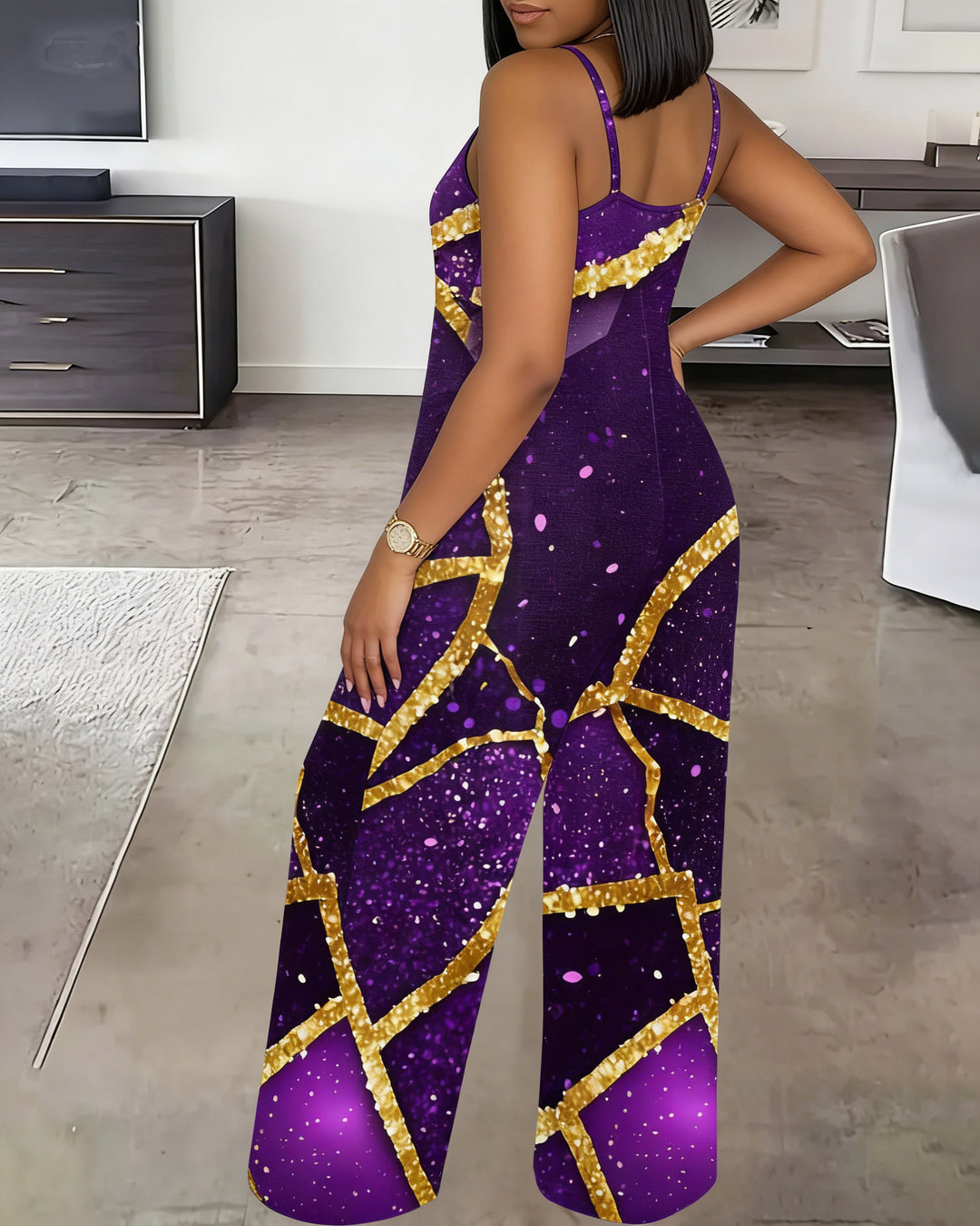 Purple Marble Texture Straight Suspenders Jumpsuit