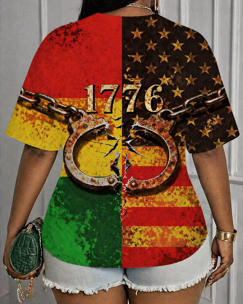 1776 Shackles Reggae Color American Flag Print Round Neck Short Sleeve T-Shirt