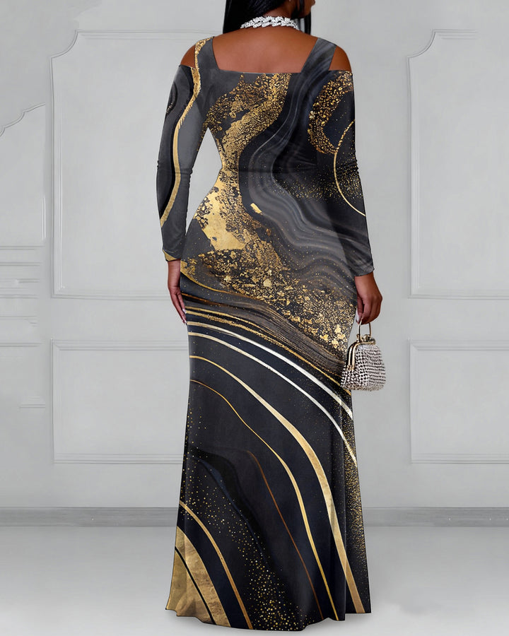 Cutout Off-shoulder V-neck Marble Texture Long Sleeve Bodycon Party Dress