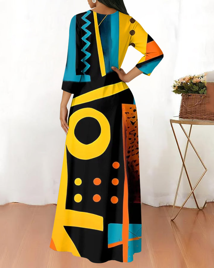 Round Neck African American Art Long Sleeves Maxi Dress