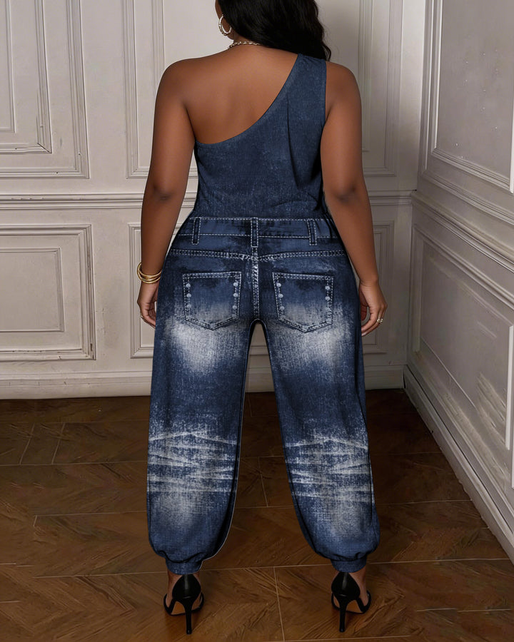 Fun Denim Pleated Pocket Print One-shoulder Jumpsuit-- Not Faux Denim Fabric