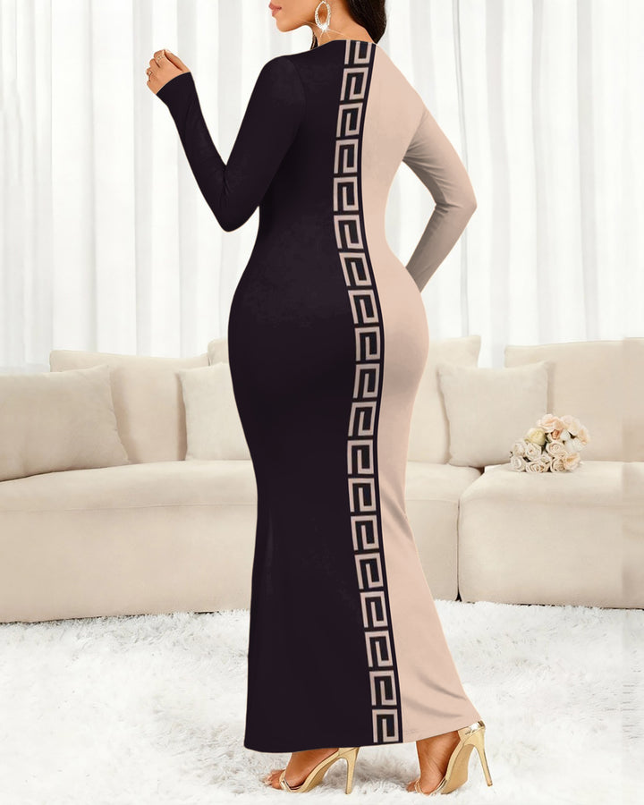 Simple Color Blocking Round Neck Long Sleeve Bodycon Dress