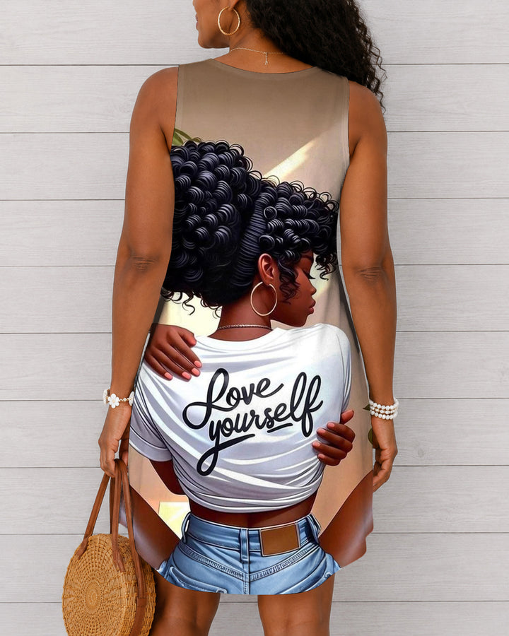 Love Yourself Round Neck Sleeveless Mini Casual Dress