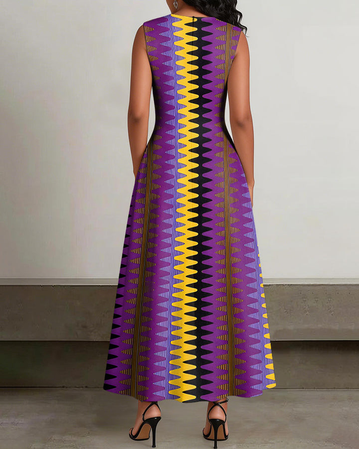 Crew Neck Purple Wavy Striped AAnkara Print Sleeveless Pockets Maxi Dress