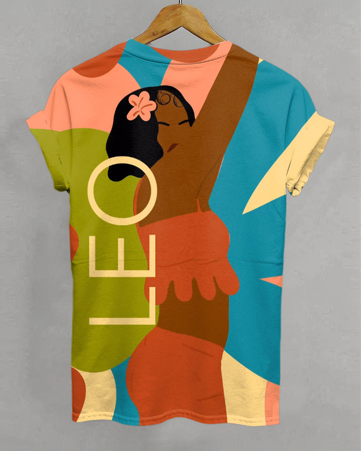 Leo Cartoon Illustrations Print Crew Neck Short Sleeve Tshirt