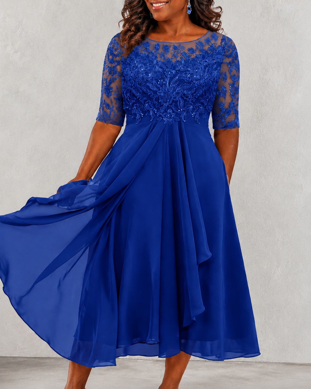 Women's Short Sleeve V-Neck Embroidery Lace Chiffon Dress