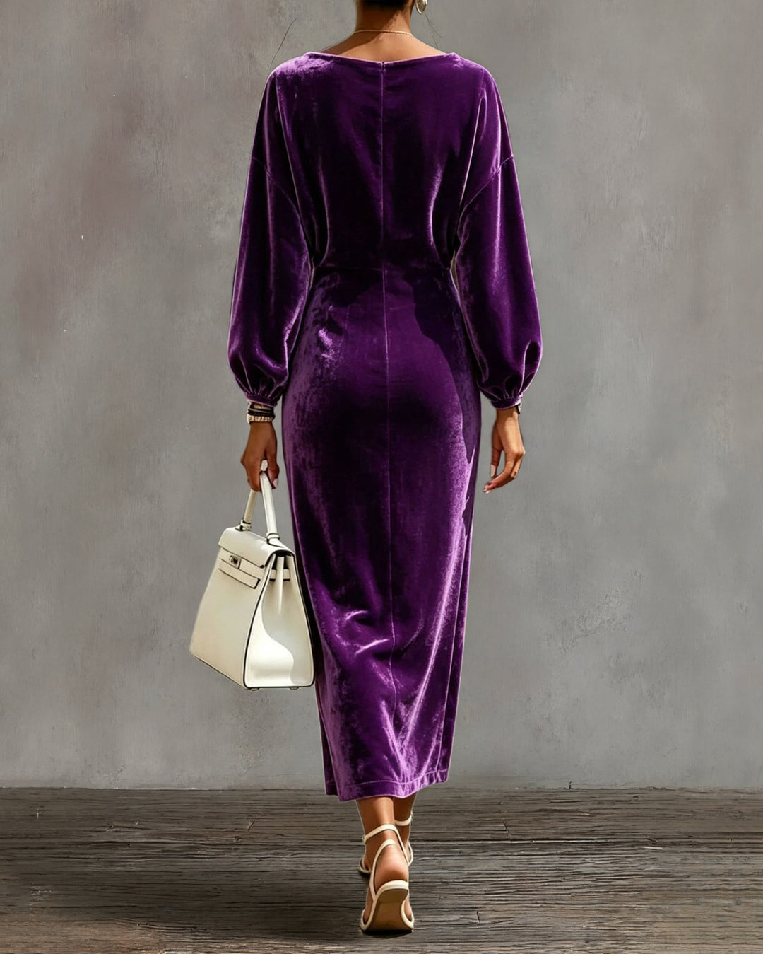 Cowl Neck Batwing Long Sleeve Velvet Midi Dress